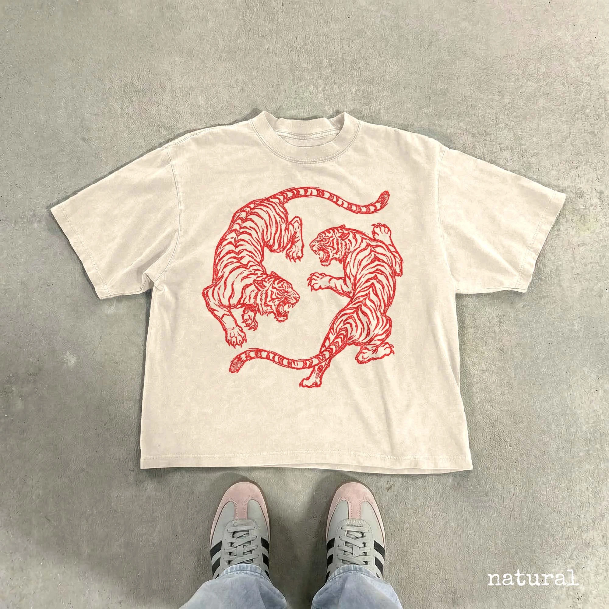 Summer Women's Vintage Fighting Tigers Print T-shirt Streetwear Oversized Loose Casual Short Sleeve Suitable for All Seasons