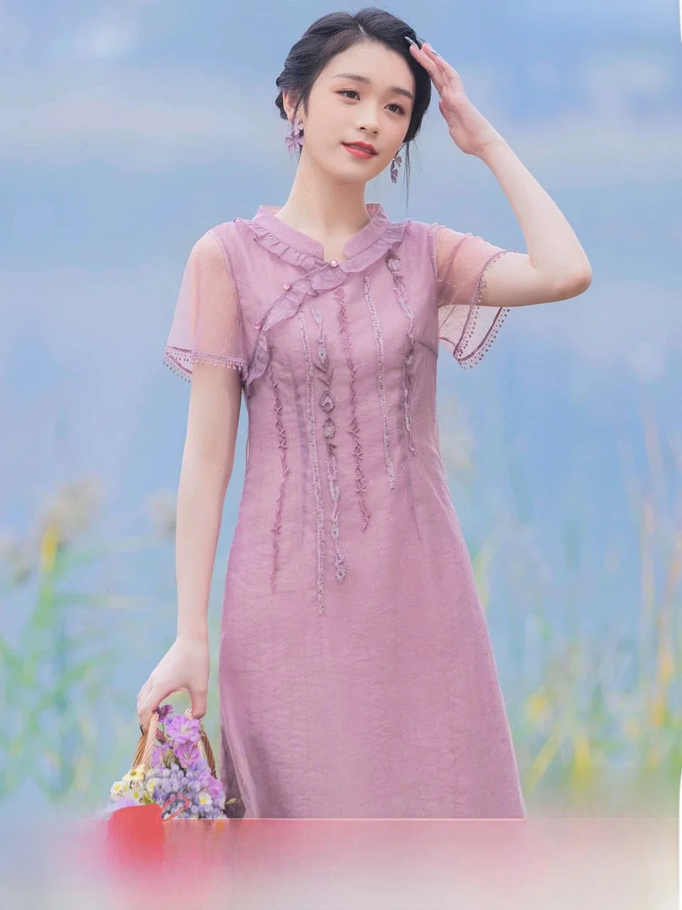 

New Chinese Sle ort Qipao Dr Pink Embroidery Retro Design Women's Faionable Casual Dr No Slits Regular Thin