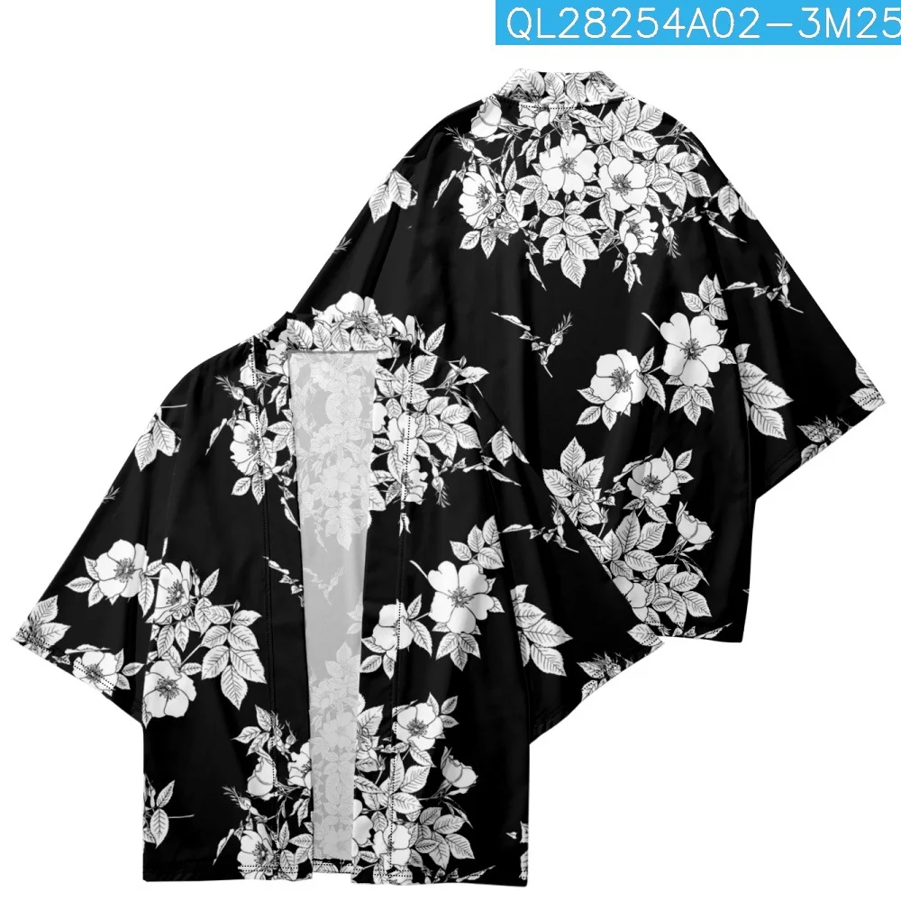 Summer White Flowers Print Black Shirts Traditional Kimono Men Women Yukata Fashion Japanese Cardigan Cosplay Haori Clothing