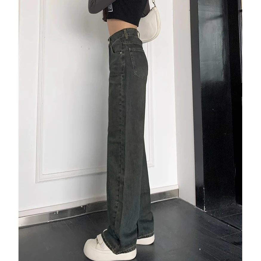 Narrow straight jeans female 2024 new explosive spring cement grey high waist thin small wide-legged trousers