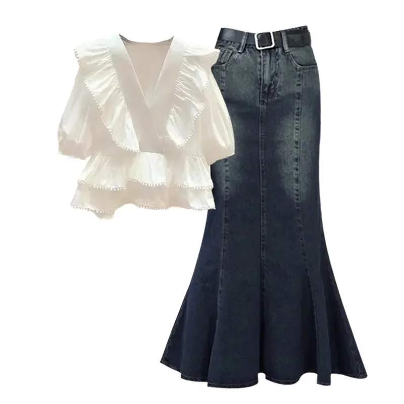 Plus Size Dress Sets Women Fashion Slim Ruffled V-neck Short Sleeve Tops +High Waist Denim Mermaid Skirts Korean Two Piece Set