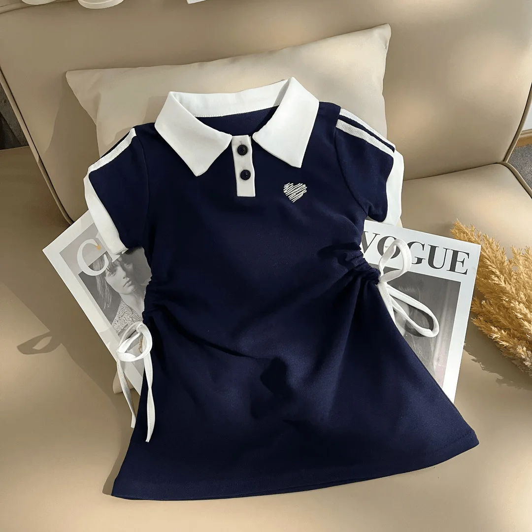 

Летнее Новое Модное Повседневное Платье для Девочек в Студенческом Стиле с Воротником на Завязках и Коротким Рукавом 2025