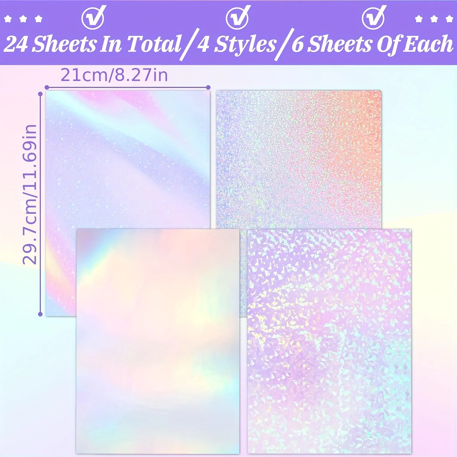 24 Sheets Holographic Sticker Paper Clear Vinyl Self-Adhesive Waterproof Rainbow Holographic Clear Cover Sheet