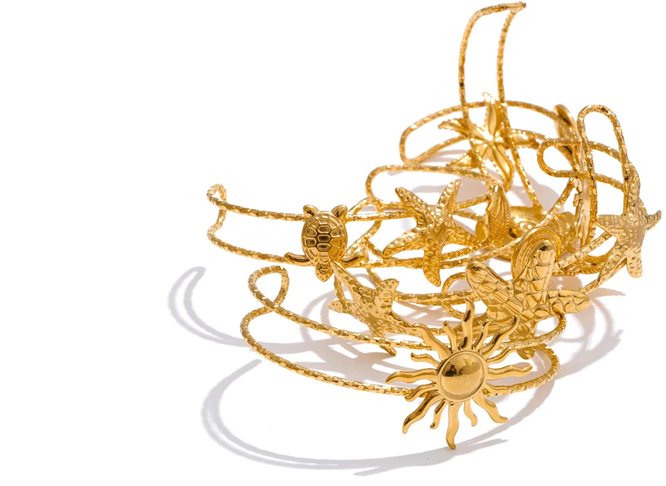 Yhpup Ocean Series Golden PVD Starfish Shell Sun Cuff Bracelet Open Wrist Jewelry Stainless Steel Bangle for Summer Holiday