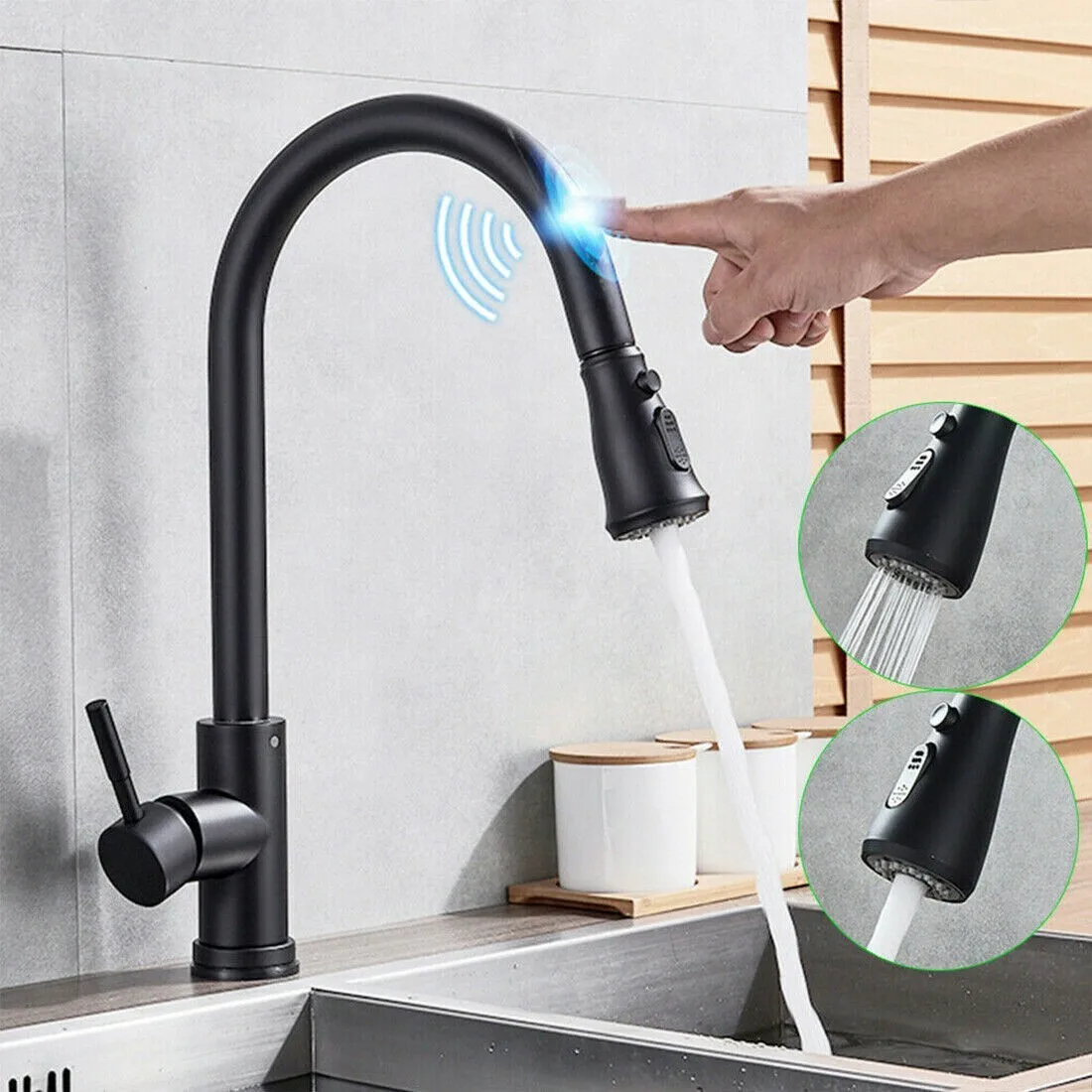 

Matte Black Touch Sensor Kitchen Faucet with Pull Down Sprayer Swivel Spout Motion Activated Sink Mixer Tap for Modern