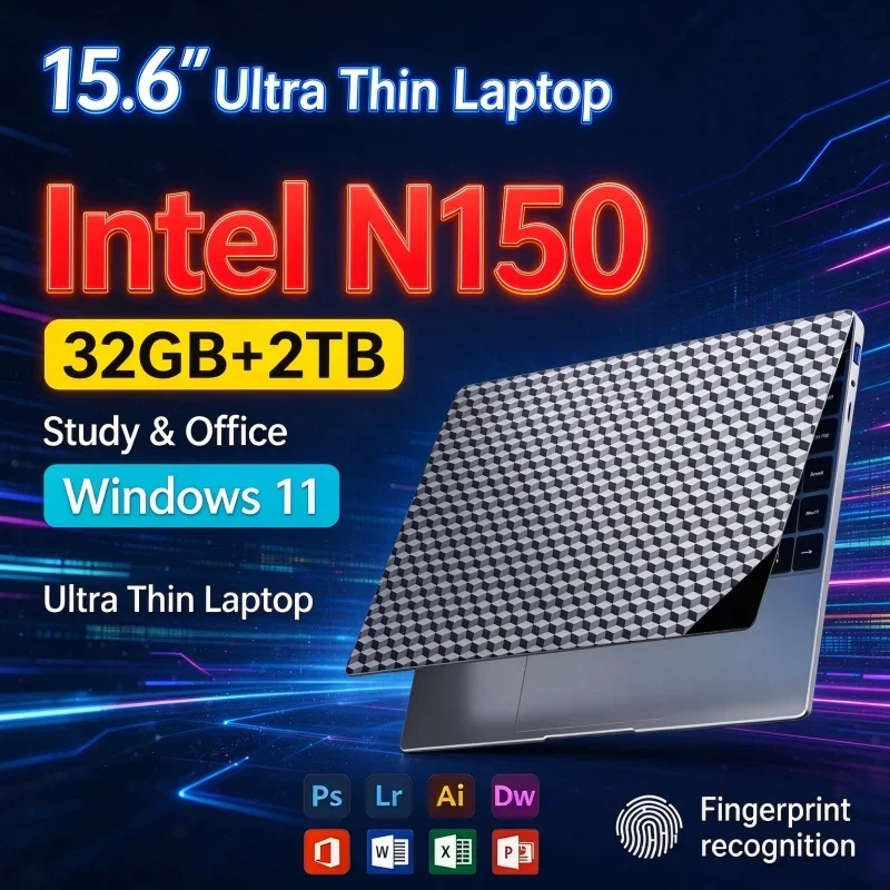New Ultra Thin 15.6'' Laptop 2026 New Notebook Intel N150 32GB RAM 1TB 2TB SSD FHD Windows11 PC For Home Student Office Gaming