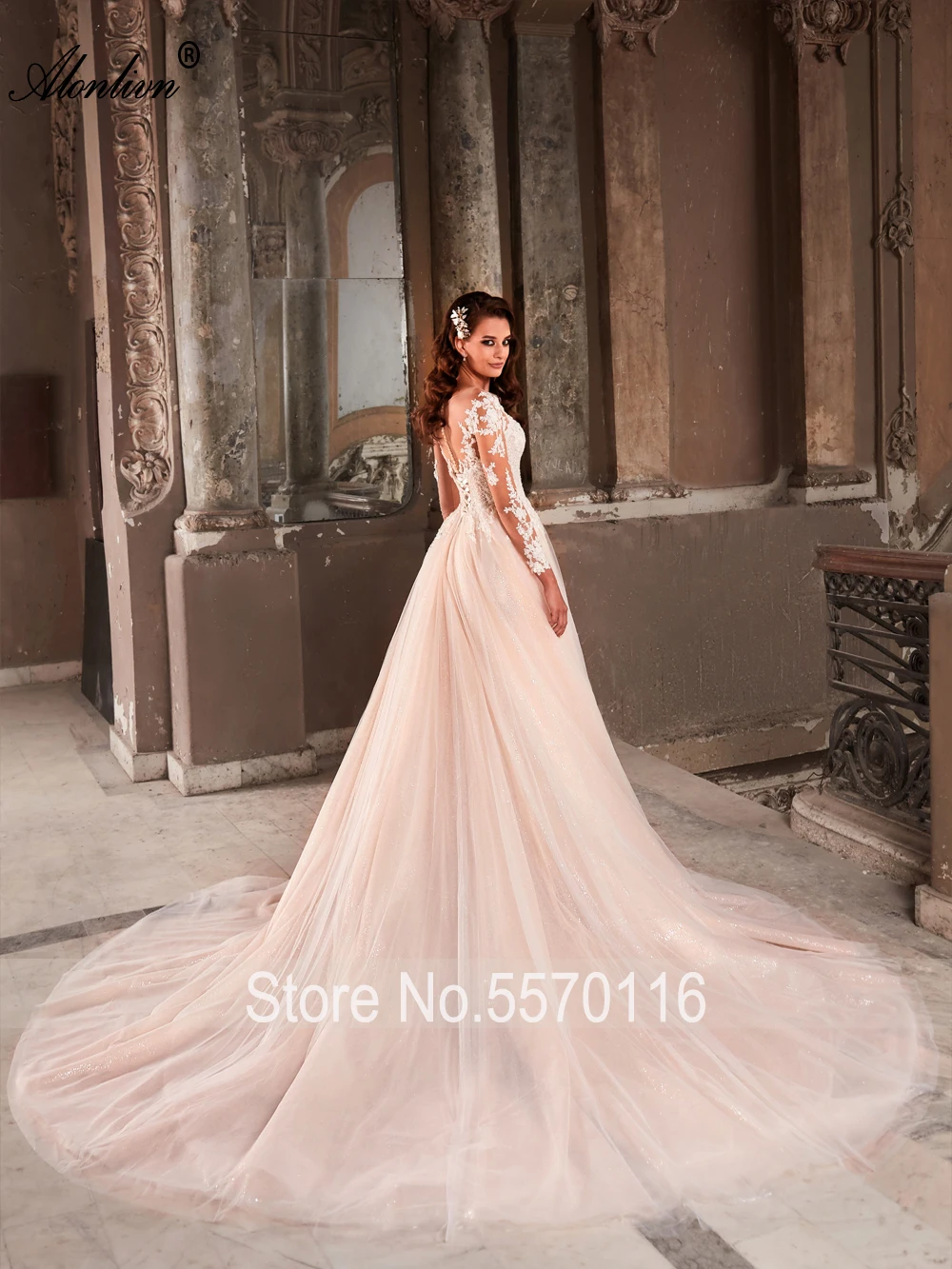 Alonlivn Shiny Tulle Illusion Sweetheart A-Line Wedding Dresses Beading Appliques Lace Full Sleeves Bridal Gowns