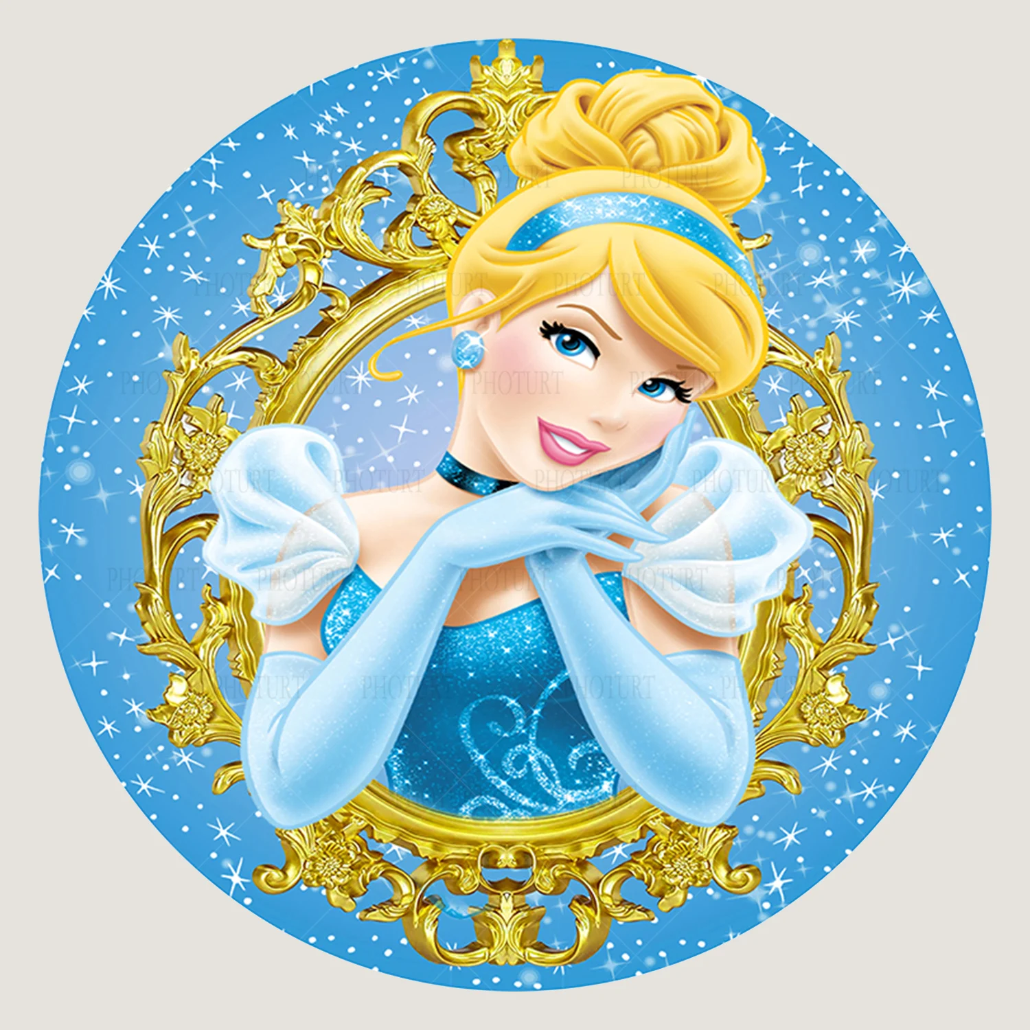 Round Disney Princess Cinderella Background Disneyland Golden Blue Beauty Backdrop Circle Banner Photography Decoration Props