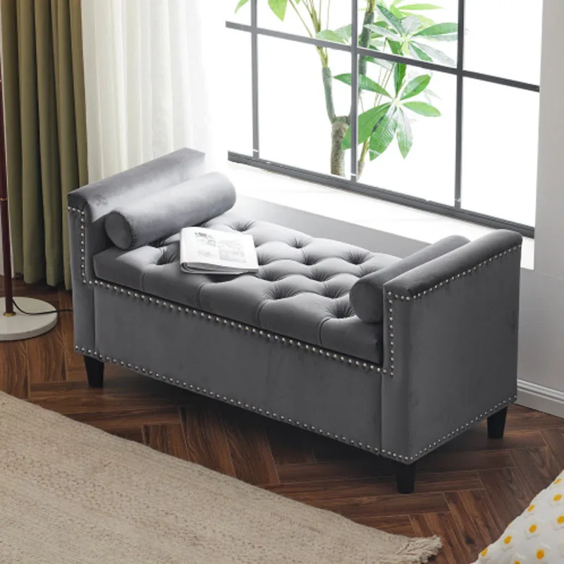 44.5-Inch Queen Velvet Button Bedside Bench, Entryway Living Room with Armrests, Nailhead Trim, Upholstered Bedroom Bench,Gray