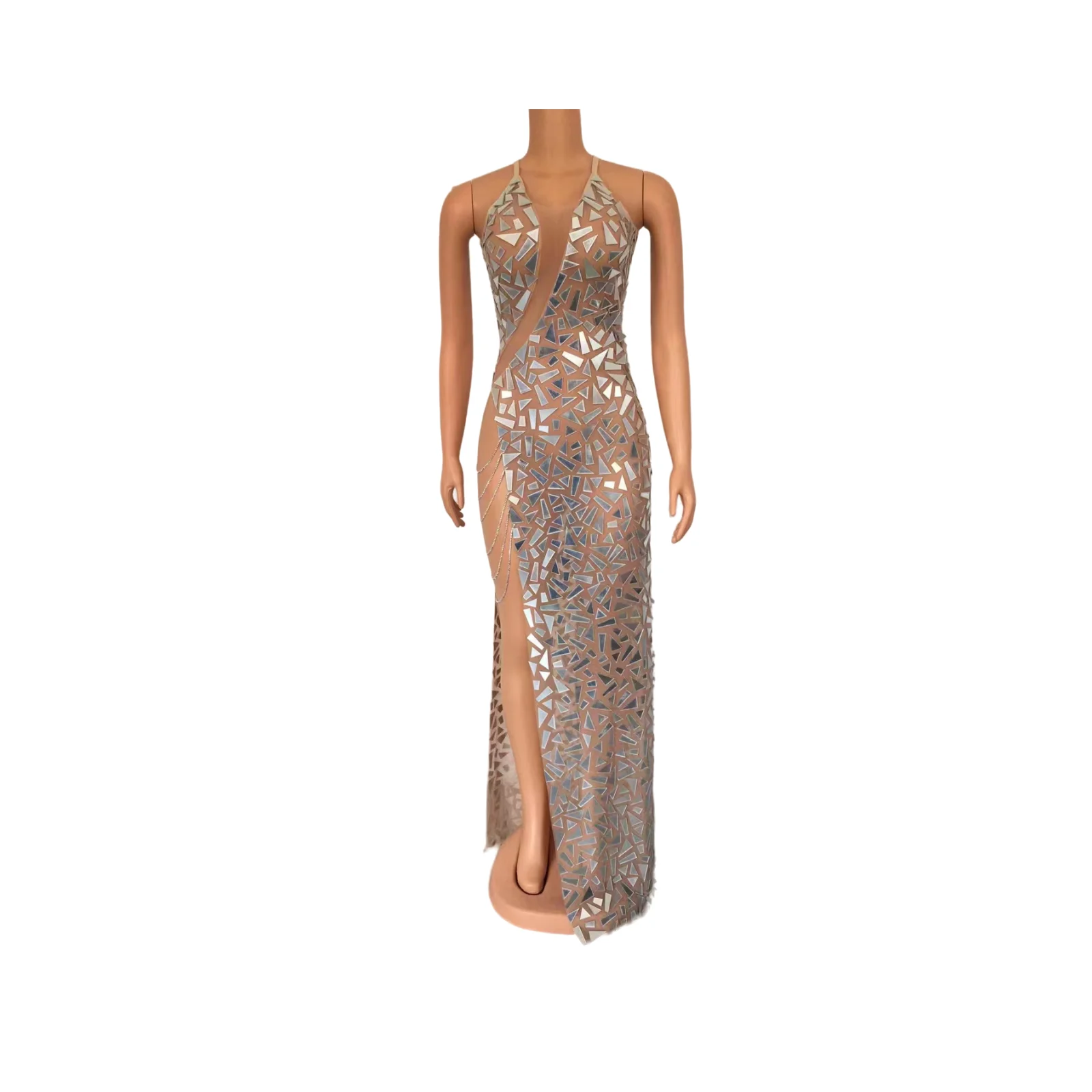 Robe de Soirée Longue en Maille Transparente avec Strass pour Femme, Tenue de Cérémonie, Anniversaire, A115