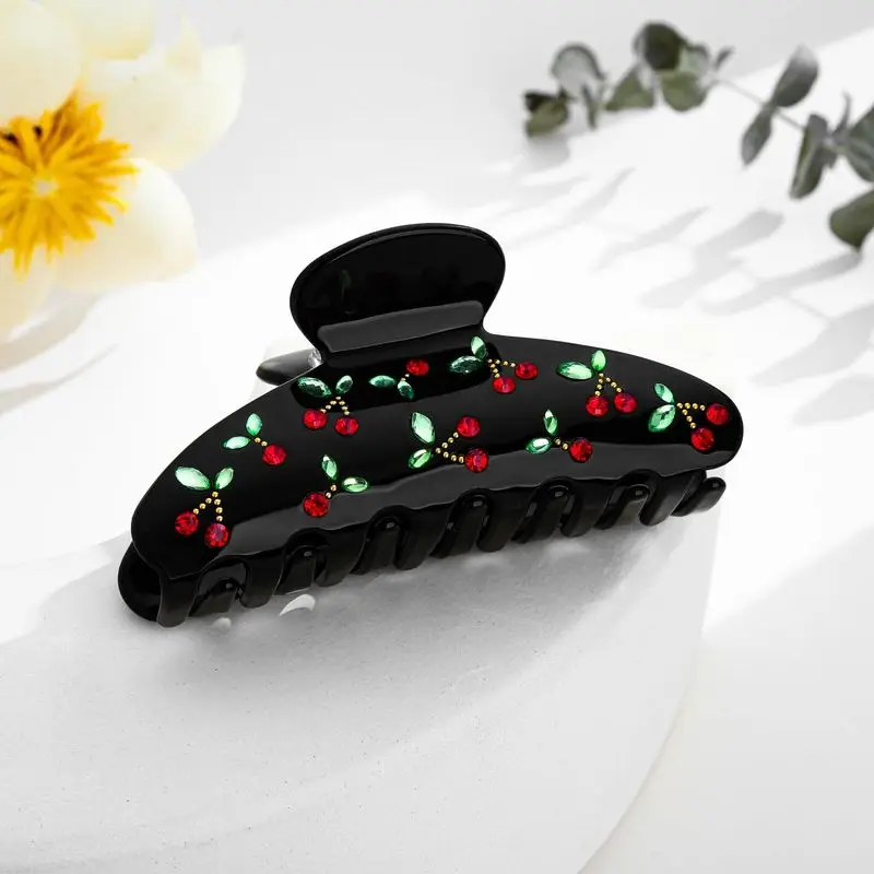 1 buah jepit rambut ceri, berhiaskan berlian imitasi, bertemperamen manis, retro, kemewahan ringan, untuk rambut kepang, jepit rambut model shark, aksesori rambut kecil dan segar