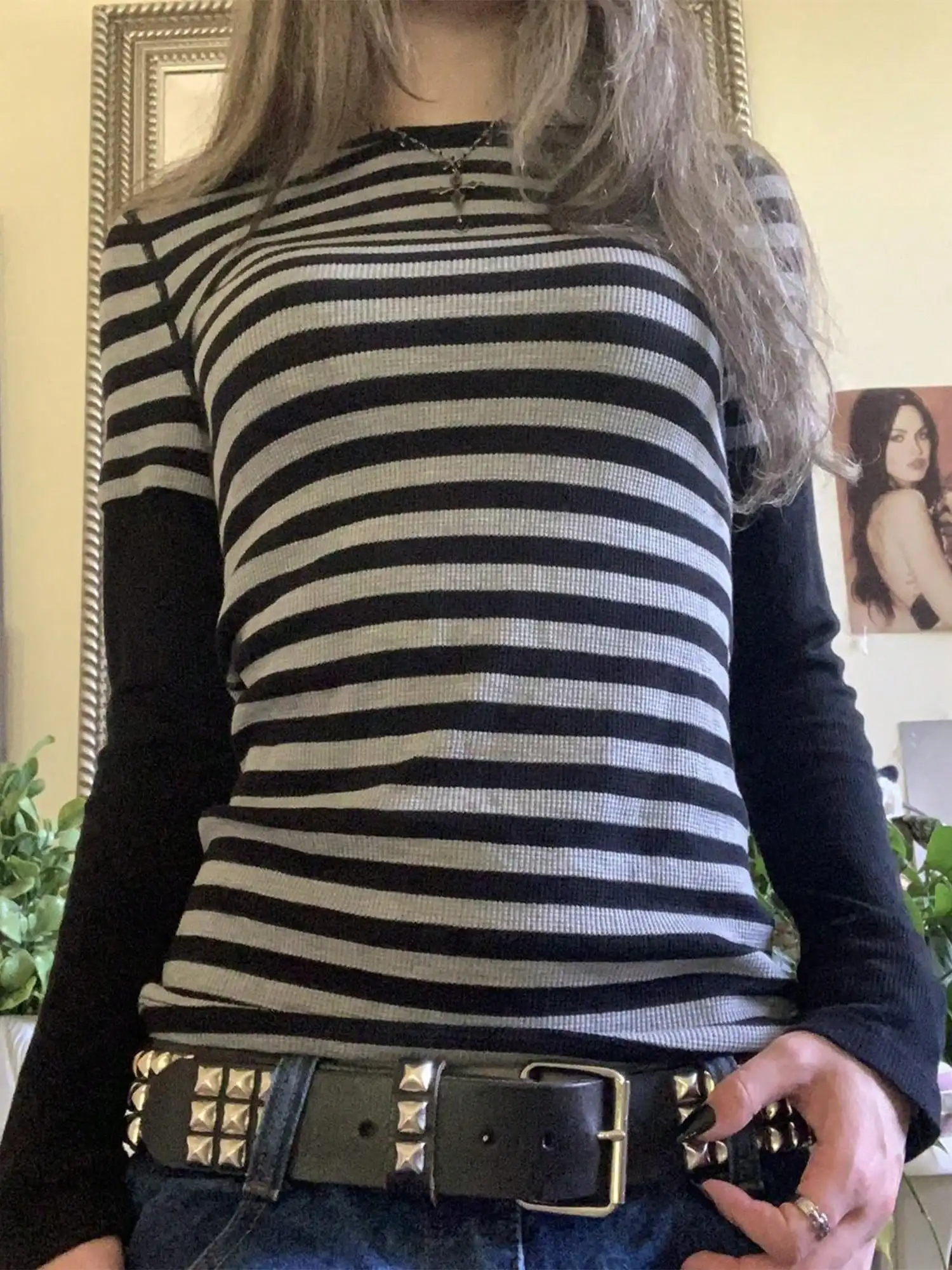 Y2K grunge gestreepte top met lange mouwen, nep-tweedelig, slim fit, gothic esthetische top