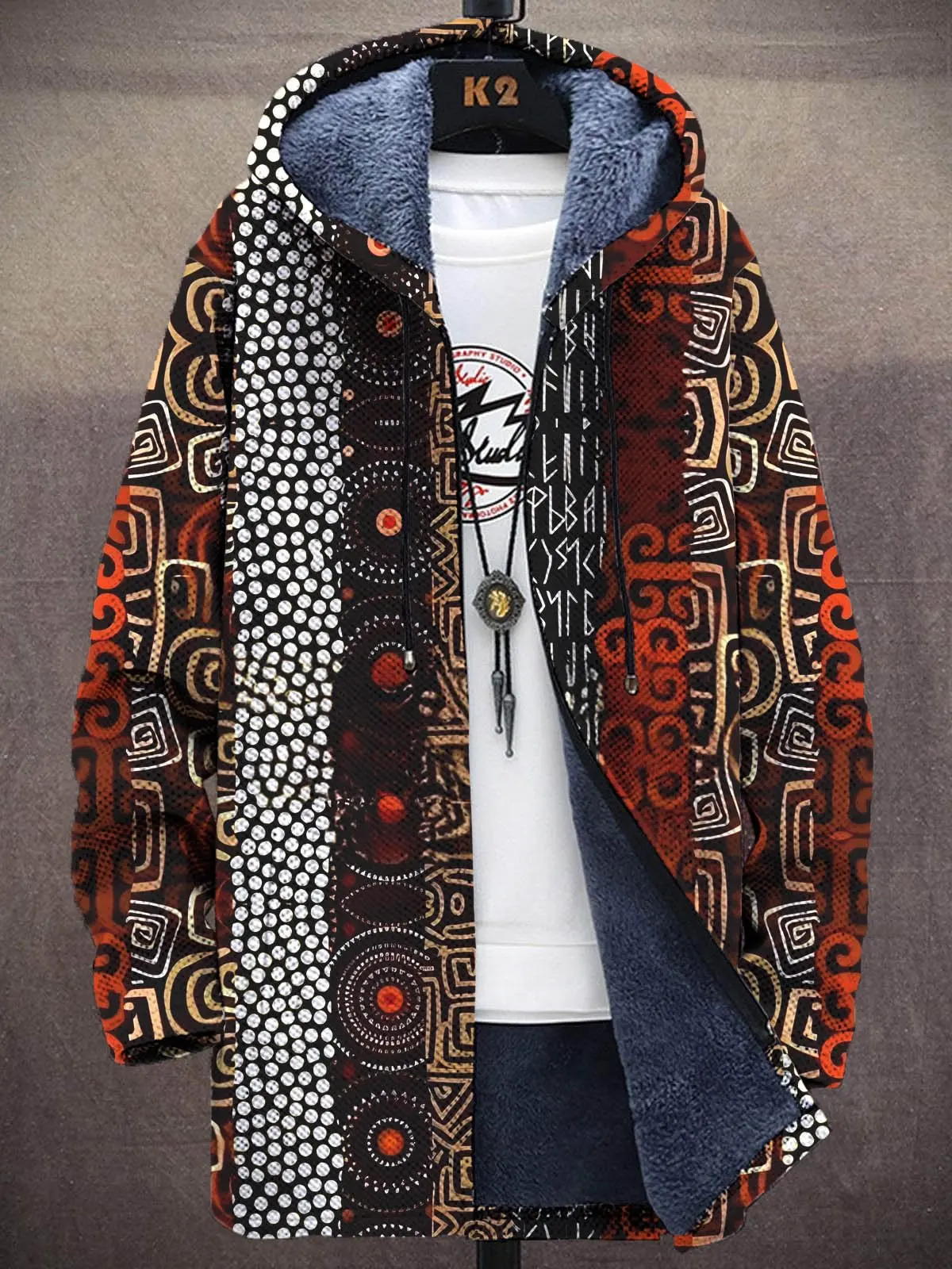 

Abstract Multicolor Pattern Print Unisex Plush Thick Long-Sleeved Sweater Cardigan Coat Men's Thick Warm Jacket