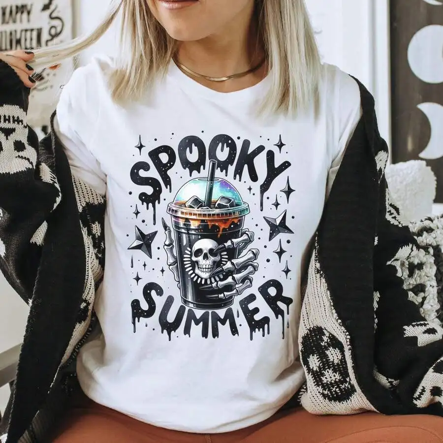 Gothic Summer Novelty Apparel T‑Shirt Spooky Summer Summerween Ghost Witchy Gothic Crew Neck Short Sleeve Casual Graphic Tops