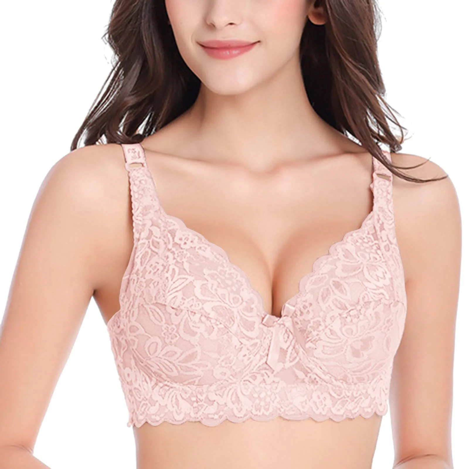 Women Bras Fashion Casual Sexy V-Neck Solid Color Chest Pad Lace Sling Nylon Breathable Elasticity Comfortable Beauty Women Bra