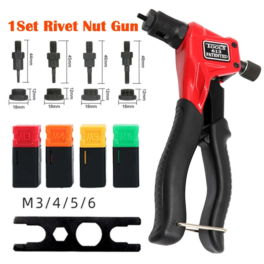 1Set BT-613 Rivet Gun Kit With 4PCS Threaded Mandrel Riveting Heads M3 M4 M5 M6 Riveter Machine Accessory