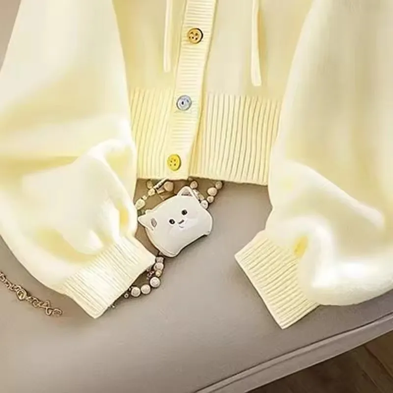 Moda com capuz camisola de malha feminina outono inverno novo cardigan amarelo brilhante topo solto chique senhora jumper coreano casual outwear