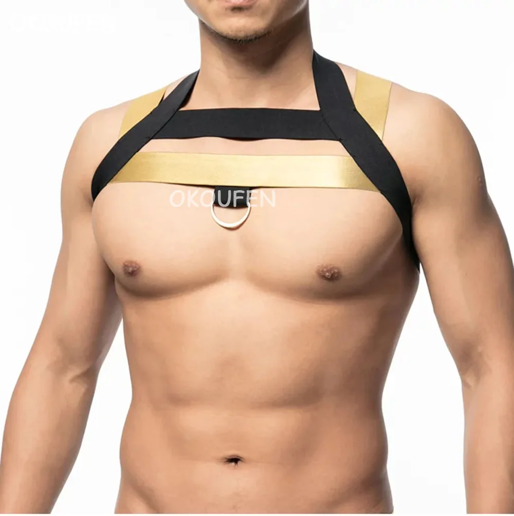 

Theme party show stage performance fitness personality black and gold chest band men sexy muscle chest band