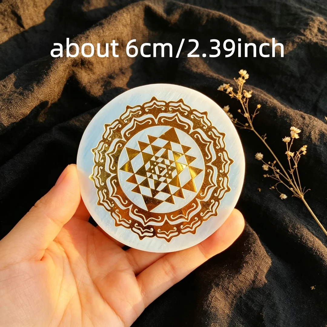 1pc White Selenite Disc with Gold Sri Yantra Home Decor Home Protection Crystal Grid Energy Cleansing Round Disc Satin