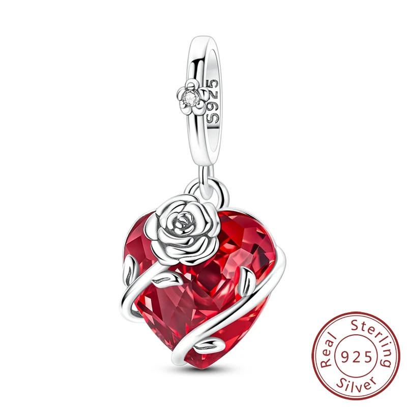 

925 Sterling Silver Romantic Red Heart & Rose Charm Red Zircon Inlaid Pendant Fit Bracelets Valentine's Day Jewelry Gift