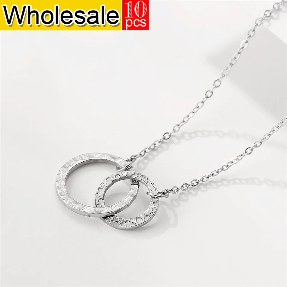 women 10PCS Double Loop Round Stainless Steel Necklace Women's Pendant Fashion Jewish Hammered Valentine's Day Jewlery