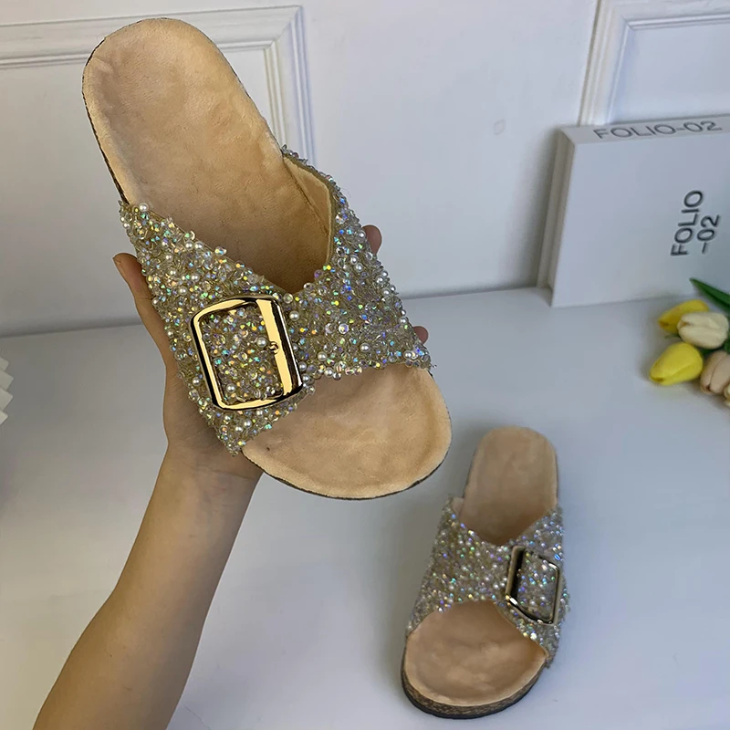 Popular Women Beach Sandals Single Buckle Pearl Sequins Home Fall Leisure Vacation Outside Wear Women\'s Flat Slippers