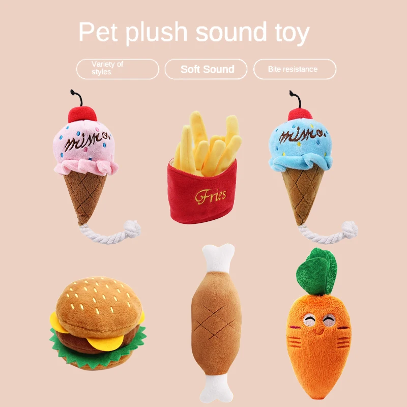 Plush Dog Toys Squeaky Dogs Interactive Pet Perros Toy Soft Squeeze Sound Bite Resistant Teeth Training Chew Fries Humburger