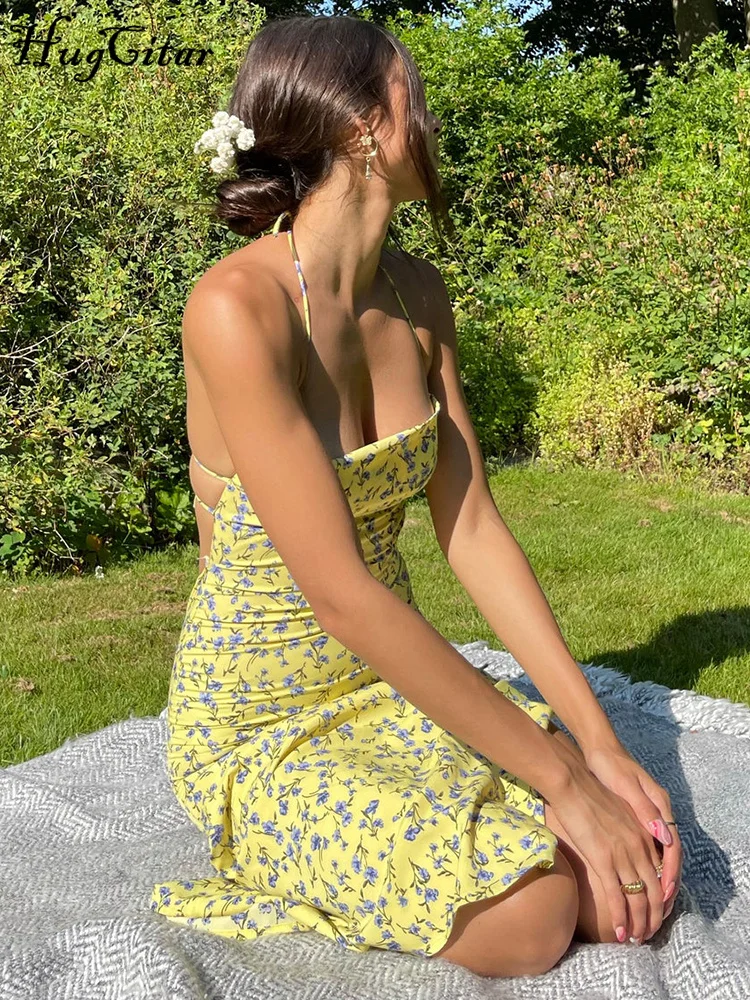 Hugcitar stampa floreale Slip senza maniche Backless Sexy fessura Maxi abito da ballo estate donna elegante Y2K vestiti Beach Festival Party