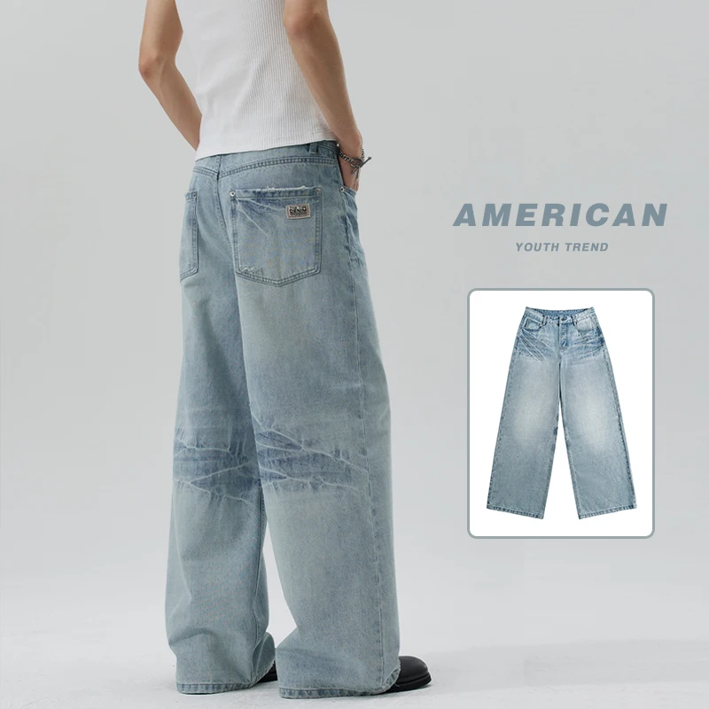 

Классические хлопковые джинсы-багги для мужчин, американские свободные прямые светло-голубые джинсы из выстиранного денима, молодежные уличные модные широкие брюки