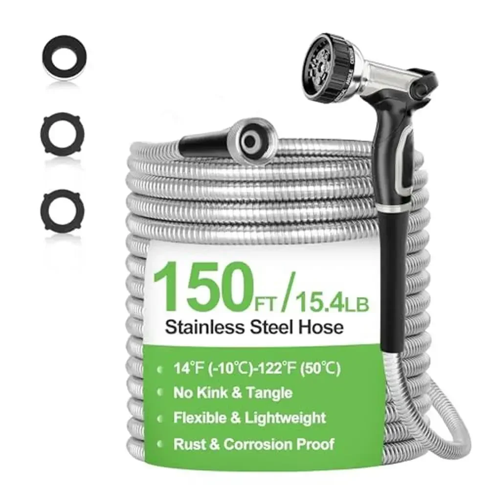 

Stainless Steel Garden Hose 150ft with 9-function Aluminum Nozzle Lightweight Flexible No Kink Hose Leak-proof Washer Included