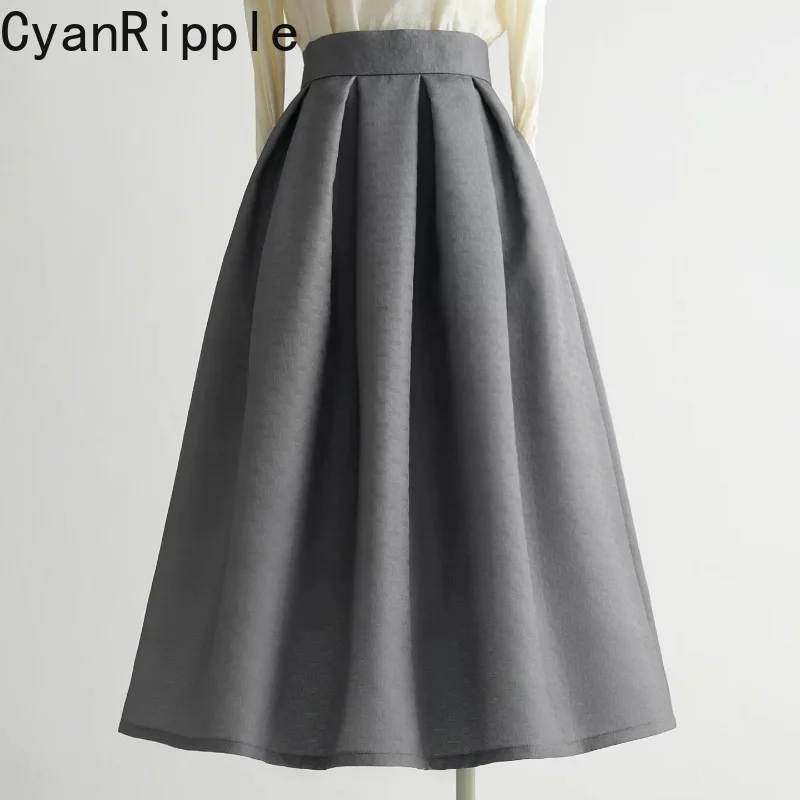 New Autumn Winter Elegant Hepburn Wind Women Puff Skirt All-match High Waist Mid-length Gray Mid-calf Big Bottoms Umbrella Skirt