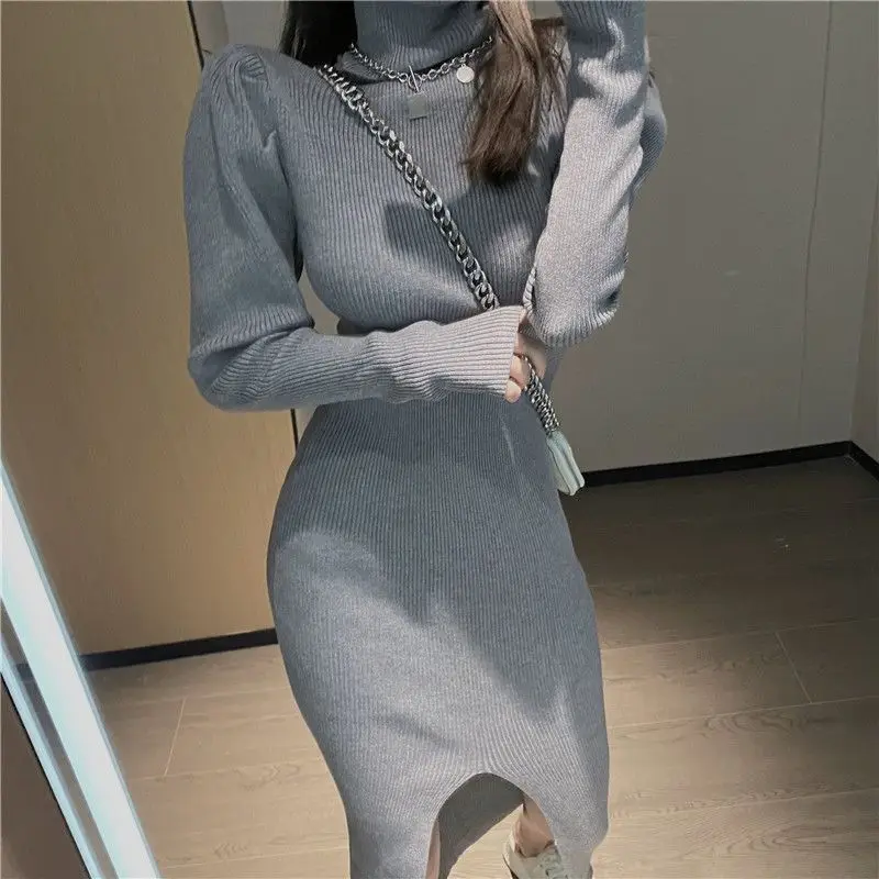 

Knitted Base Dress Women, Inner Wear, Autumn And Winter New Style, Puff Sleeve, High Neck, Elegant Sweater, Long Dress, Over