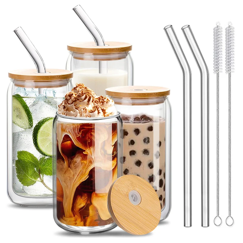 

450ml/350ml Double Wall Glass Cup With Lid and Straw Transparent Bubble Tea Cup Juice Glass Beer Can Milk Mocha Cups Drinkware