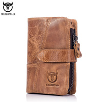 BULLCAPTAIN Men's Genuine Leather Wallet Retro Casual Snap Tri-fold Cash Clip RFID Anti-Theft Card Holder Detachable Coin Holder