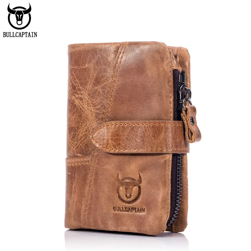 BULLCAPTAIN męski portfel z prawdziwej skóry Retro Casual Snap potrójnie składany klips na gotówkę RFID etui na karty antykradzieżowe odpinany uchwyt na monety