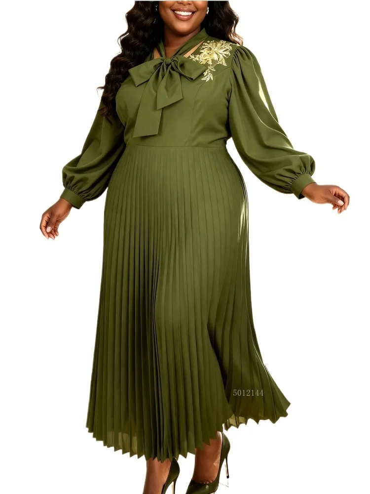 L-4XL Plus Size Dashiki African Dresses for Women Elegant Spring 2026 Long Sleeve V-neck Polyester Pleated Long Maxi Dresses