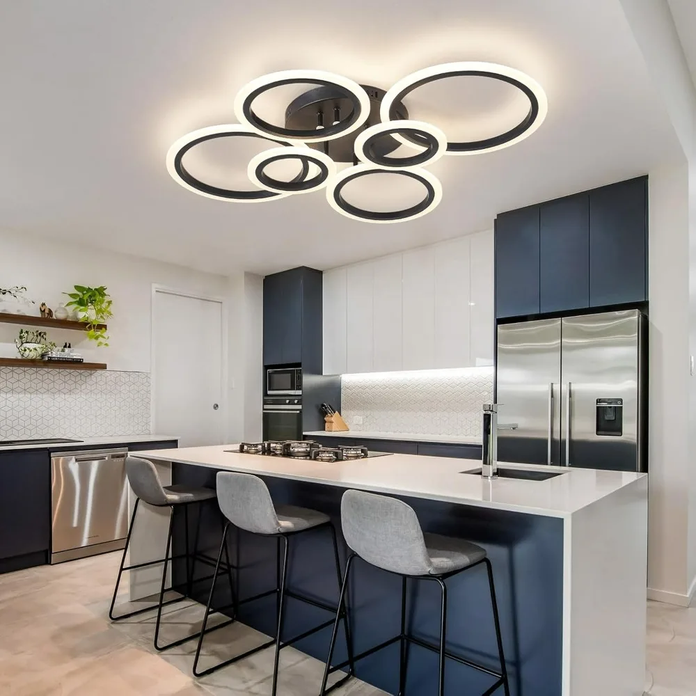 تركيبات إضاءة سقف LED حديثة مكونة من 6 حلقات، حامل فلوش مع جهاز تحكم عن بعد لسطوع خافت ودرجة حرارة ألوان قابلة للتعديل #3