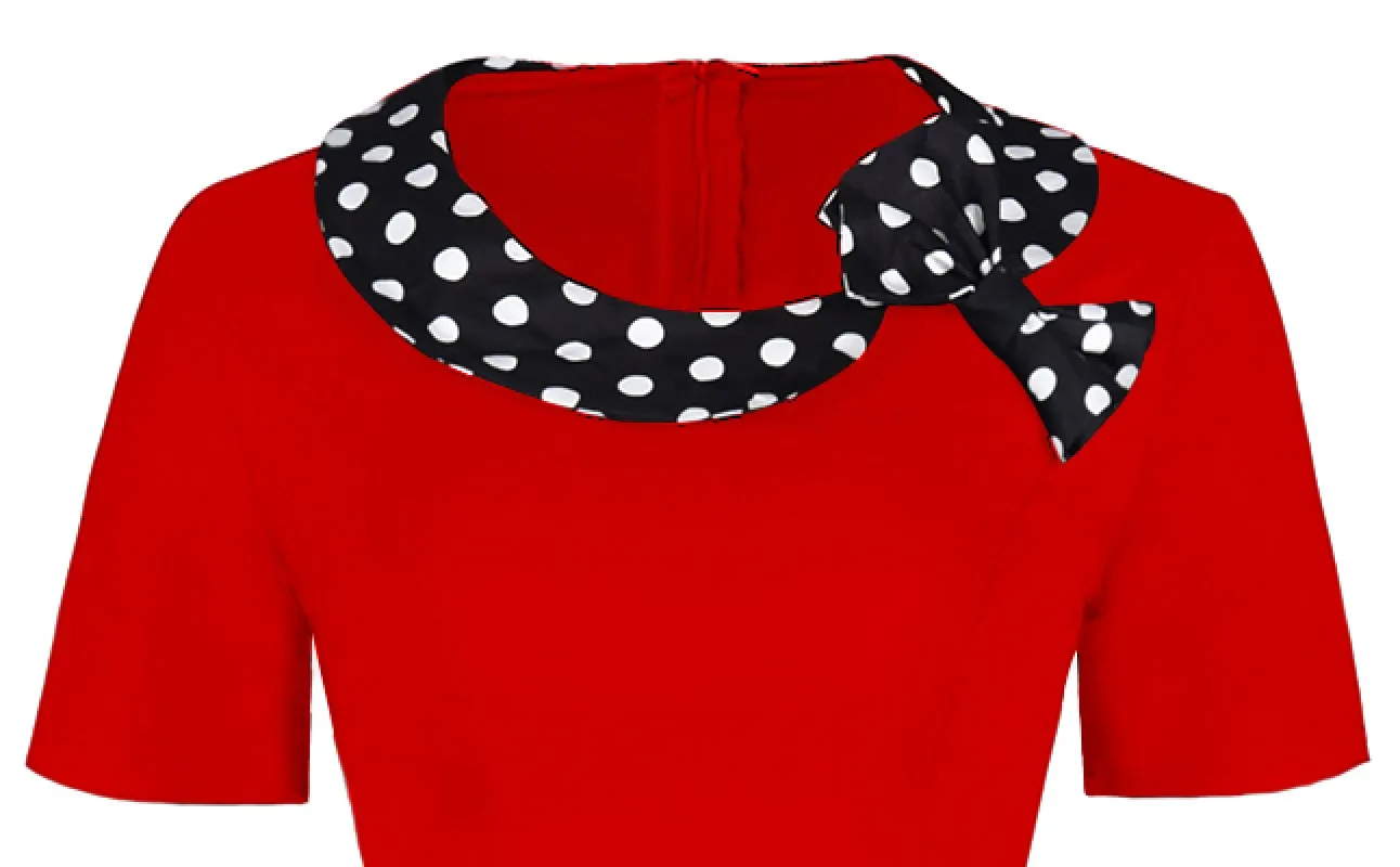 S-3XL Women's Vintage Dresses Summer Short Sleeve Bow Dots O-Neck Bacis Dress 50s 60s Midi Swing Hem Party Dresses Casual Tunic