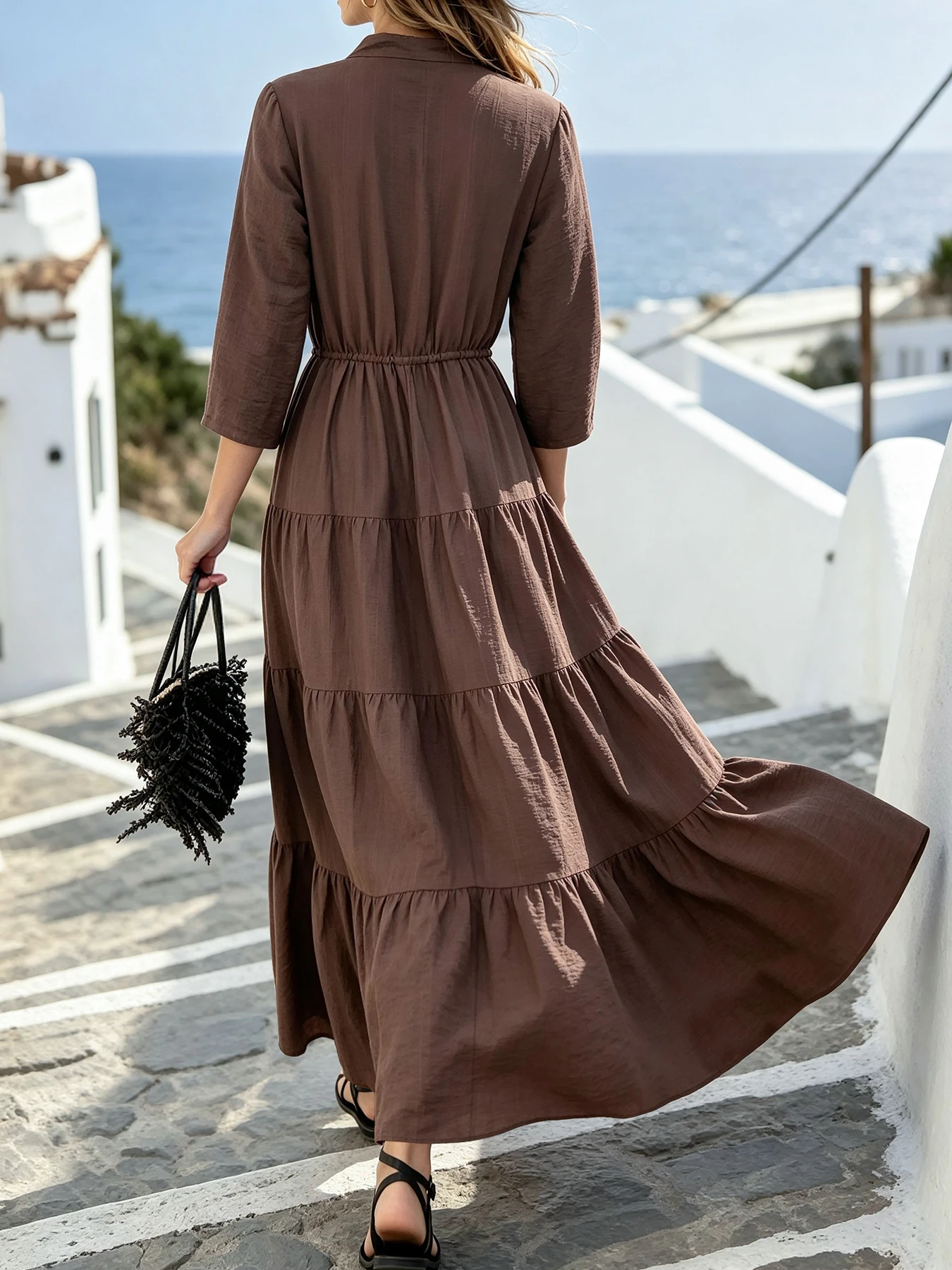 Solides Maxikleid mit Stehkragen, teilweise Knopfleiste, Roll-Tab-Ärmeln, Kordelzug an der Taille und gestuftem Rüschensaum für Damen – Detail 1