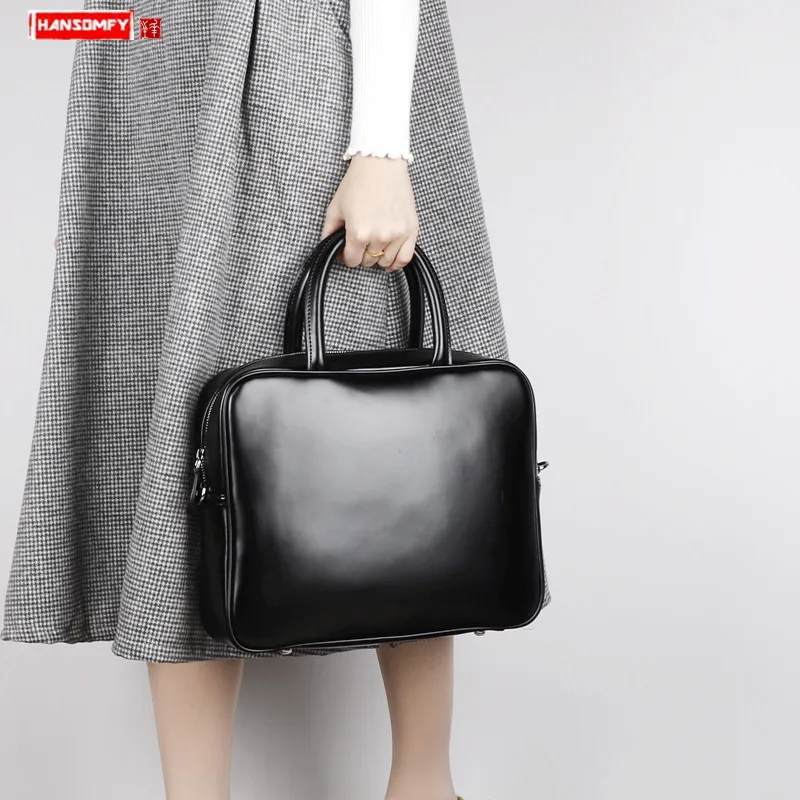 

Luxury Fashion Women's Handbag Genuine Leather Female Small Square Bag Leather Shoulder Slung Bags Simple Briefcase Black Ladies