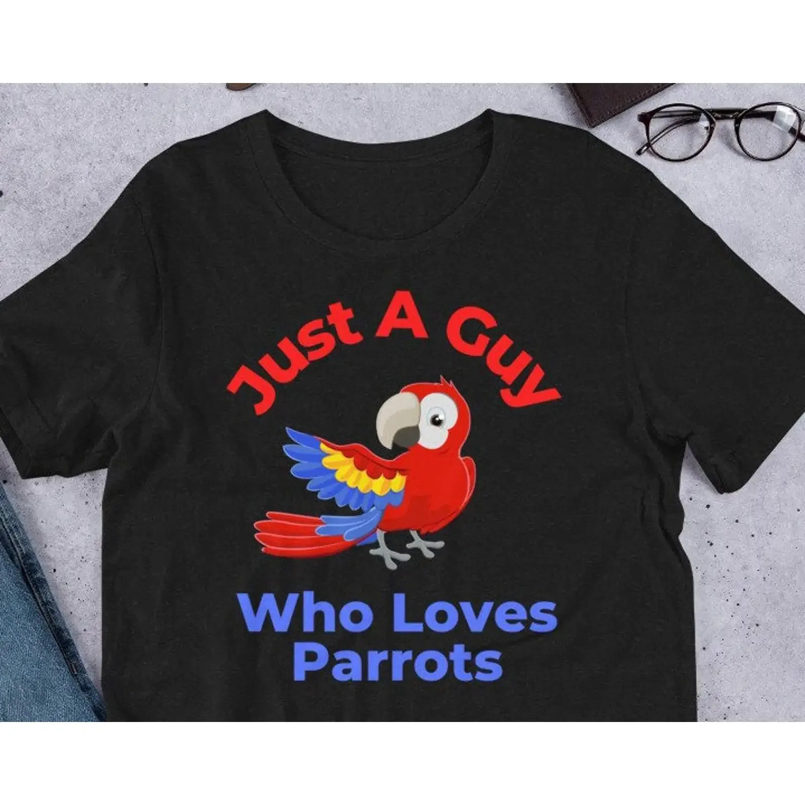Just A Guy Who Loves Parrots Funny Cartoon Scarlet Macaw T Shirt Birthday Father's Day Christmas for Parrot Lovers vintage