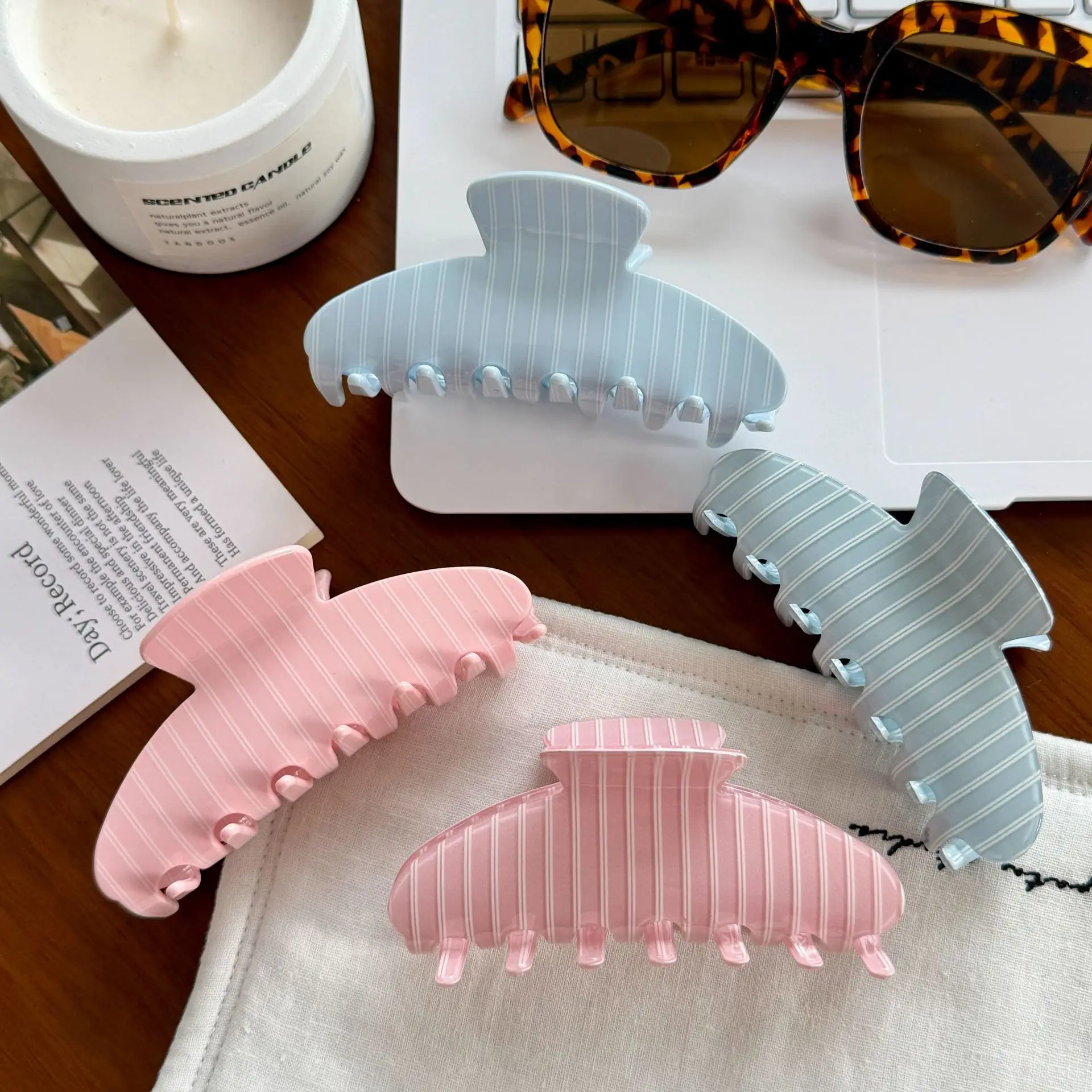 Hair Claw Clip Acetate Pink Blue Striped Strong Hold Back Head Updo Women Daily Lightweight Premium Elegant Comfortable