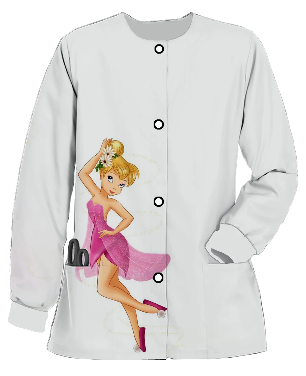 2023 Spring Ladies Work Uniform Disney Wonder Fairy Round Neck Pocket Warm Scrub Jacket Nurse Care Worker Casual Cartoon Tops