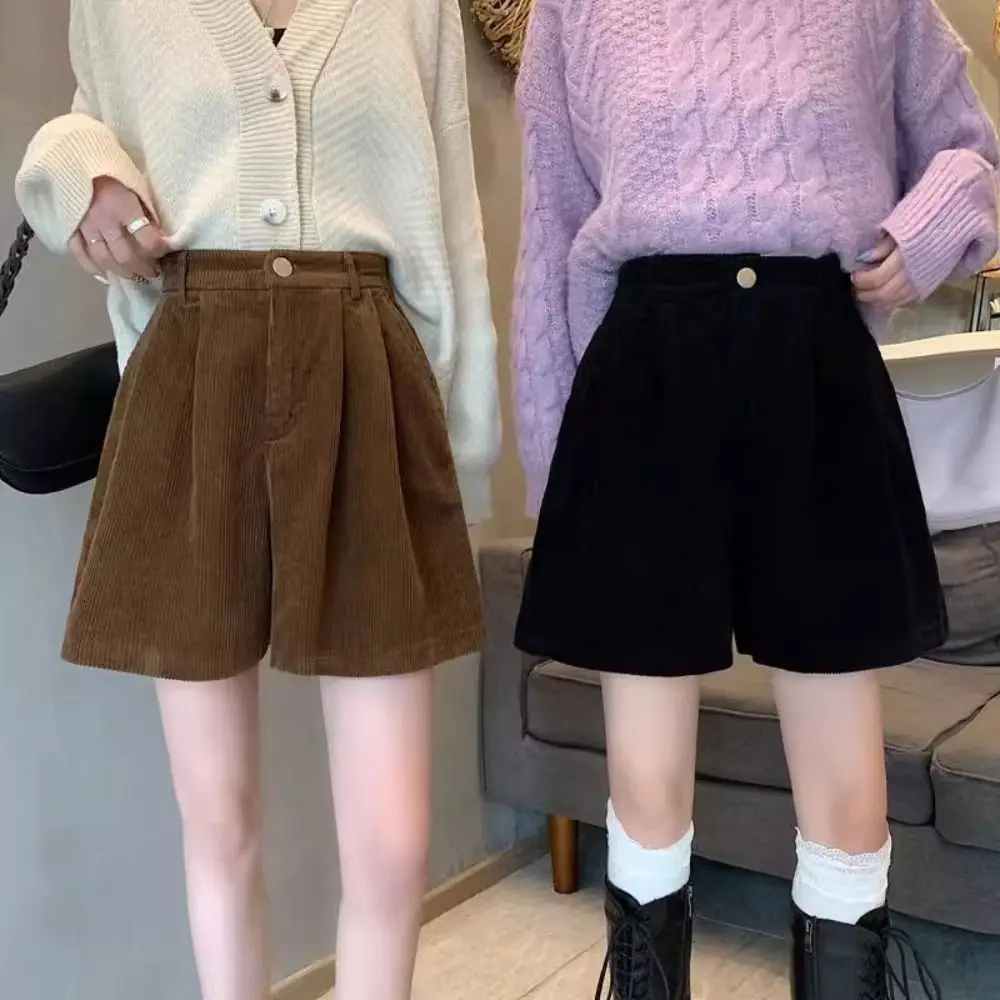 High Waist Women Corduroy Shorts Stripe Elastic Wide Leg Short Pants Large Size Two Pockets Loose Streetwear Autumn Winter