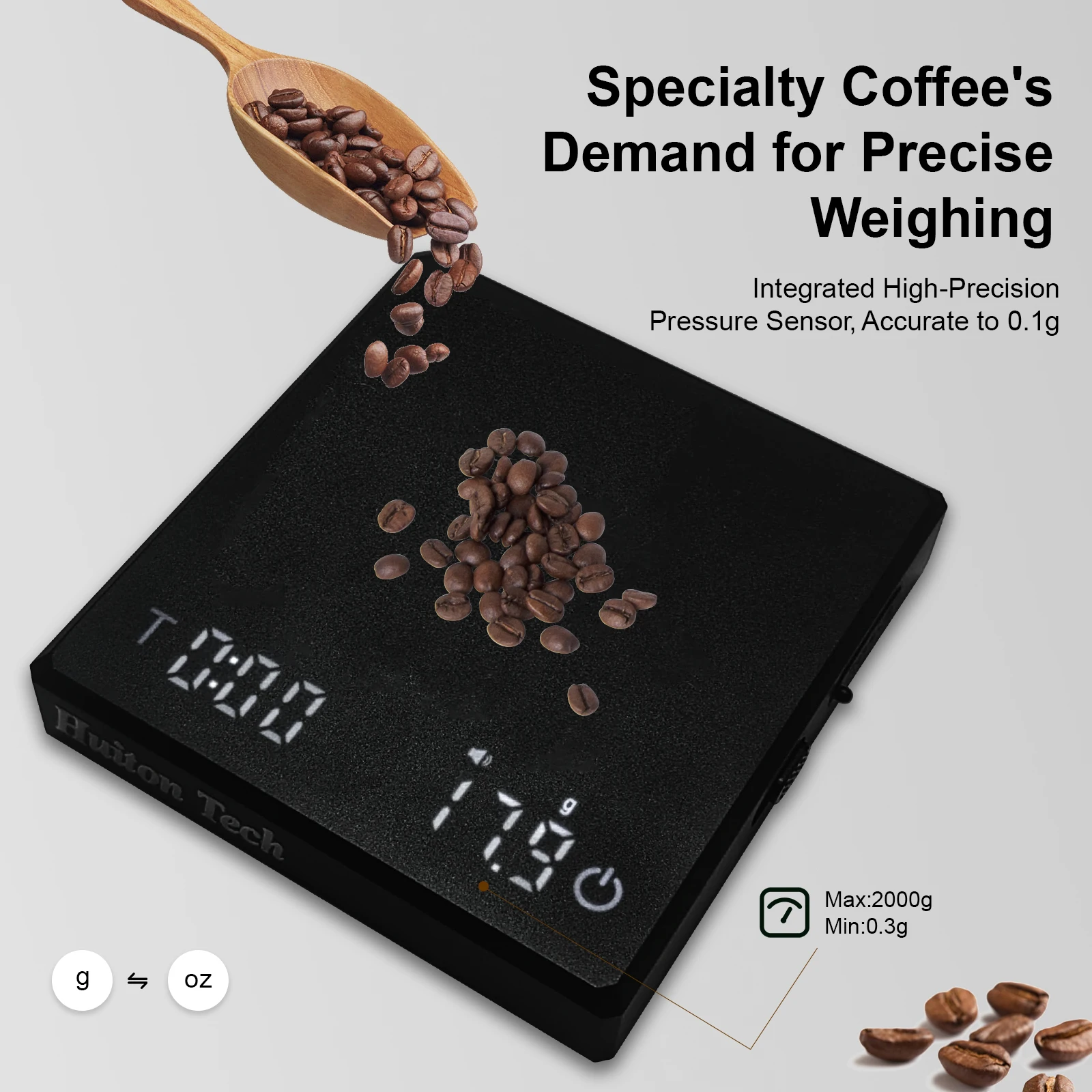 Huiton Kitchen Coffee Scale with Timer Rechargeable Digital Scale 0.1g High Precision 3 Modes Drip Espresso Scale Barista Gift