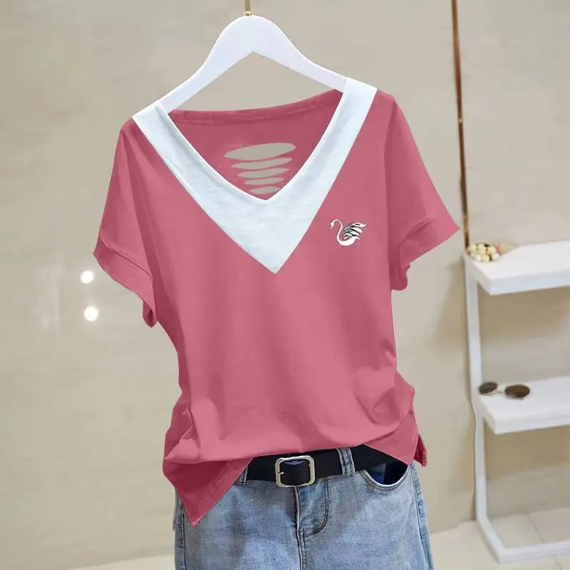 Moda v yaka baskılı eklenmiş tüm maç bluz kadın giyim 2023 yaz yeni boy Casual kazaklar gidip gömlek