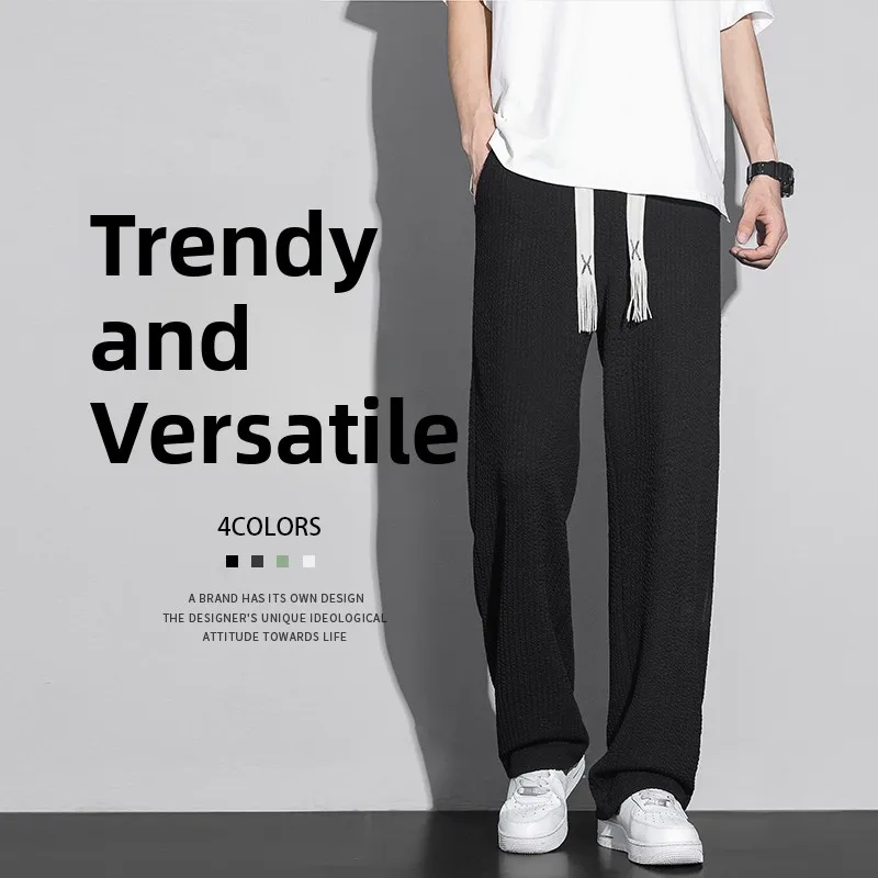 

Bla Ice Silk Men's Casual Pants Straight Leg Wide Leg Long Trousers Faionable Loose Fit Summer Breathable Youthful Sle