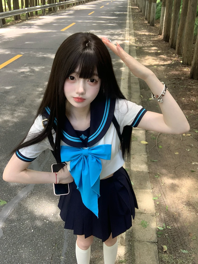 Japanese College JK Sailor Uniform Slim Summer New Striped Splicing Cute Bow Collar Top Temperament Sweet Versatile Short Skirt
