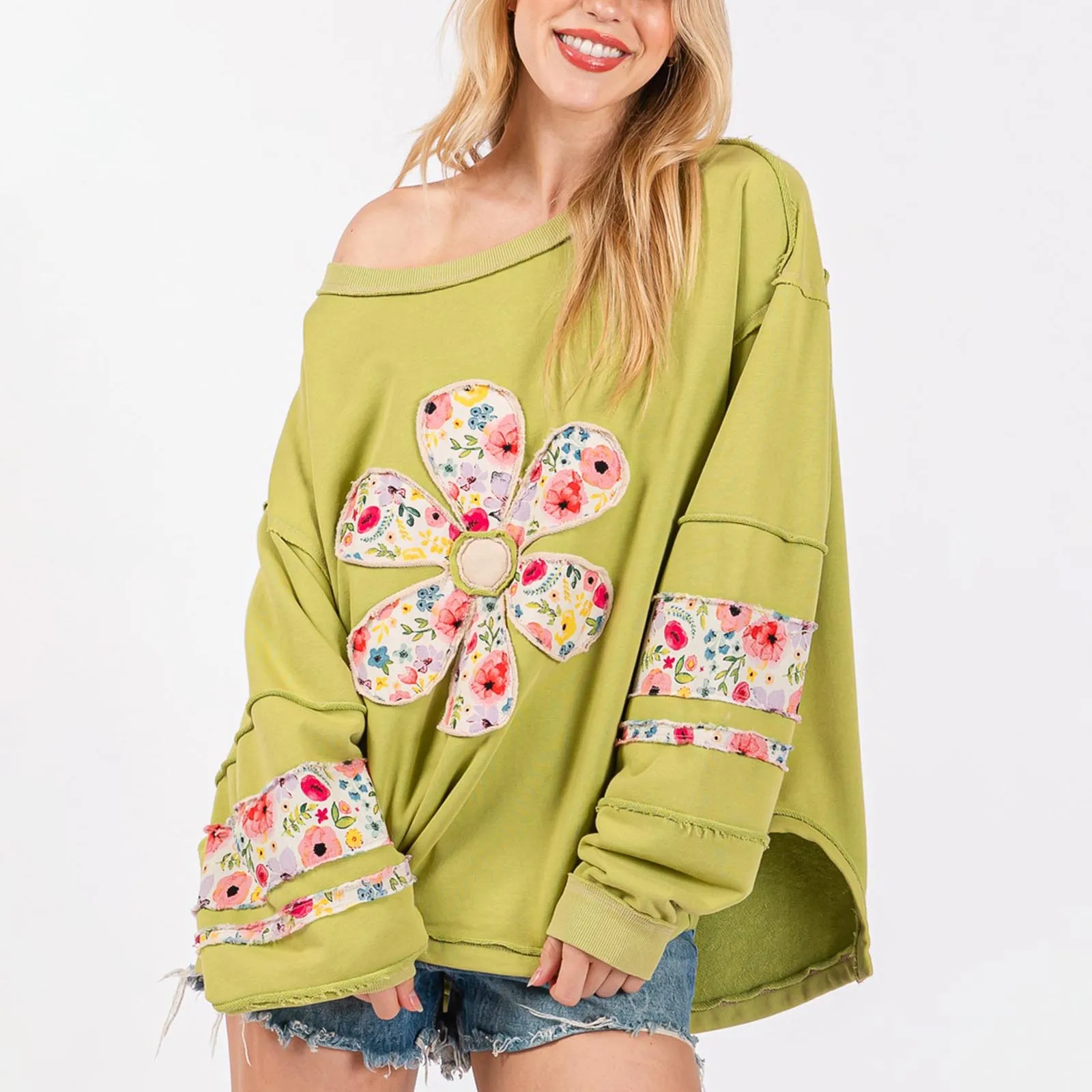 Women Spring Autumn Loose Sweatshirt Long Sleeve Round Neck Floral Patch Pullover