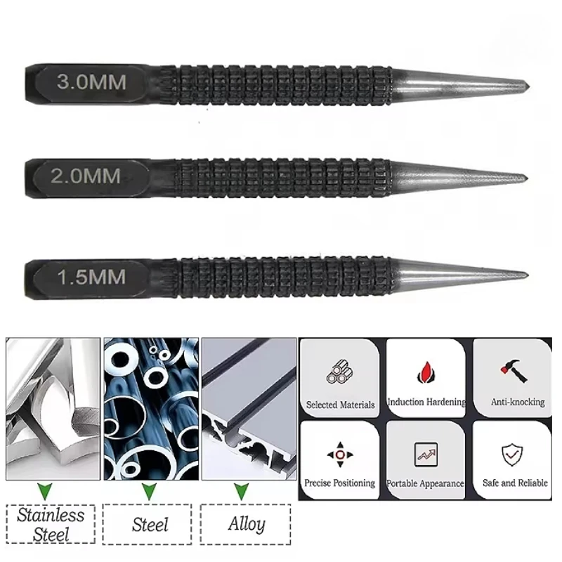 

3 шт., 1,5 мм/2 мм/3 мм, центральный пробойник из легированной стали, металлический инструмент для маркировки дерева, сверлильный инструмент, металлический сердечник для металла